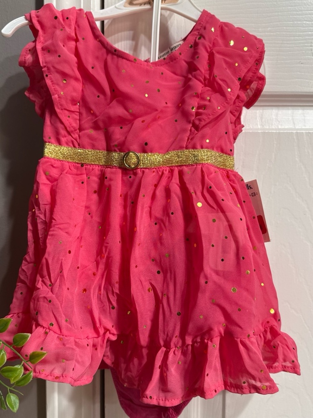 Nanette Lepore Bright Pink Dress with Gold Belt and Foil Dots